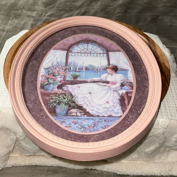 Barbara Mock Pink Oval Oil Painting Print Lady Reading By the Lake View Window - Picture 6 of 7